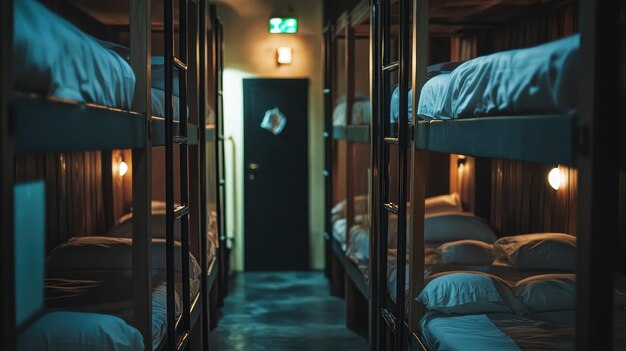 Bunk beds with fresh linens in stylish hostel