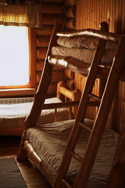 Bunk wooden beds in a hostel wooden room dim lighting