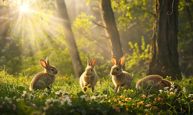 Bunnies Hopping in a Sunlit Glade