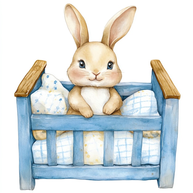 bunny in blue baby bed nuresery watercolor isolated on a white background