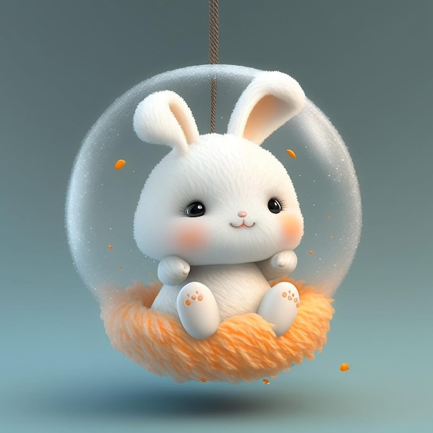 A bunny in a bubble with a little orange flower on it.