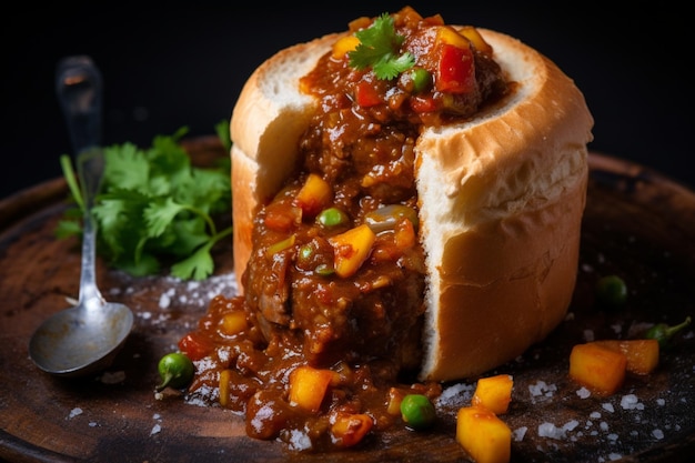 Photo bunny chow with tangy pickle relish yummy delicious bunny chow food image photography