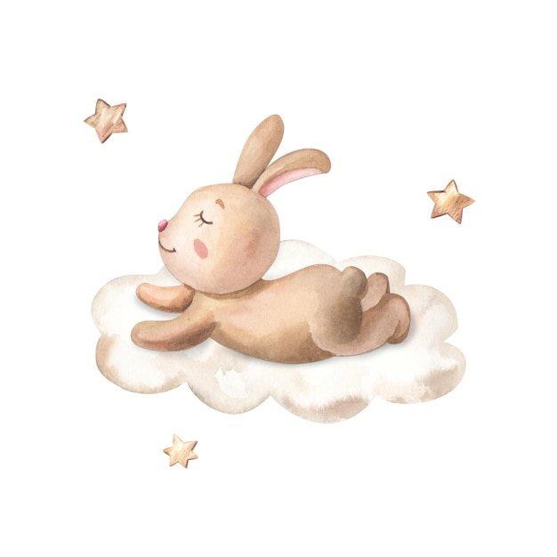 Bunny on Cloud Watercolor Cute animal for kids