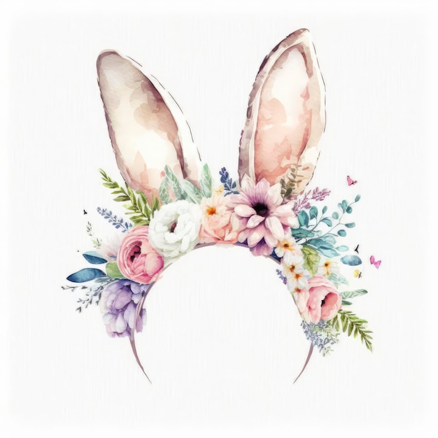 A bunny ears with flowers and butterflies.