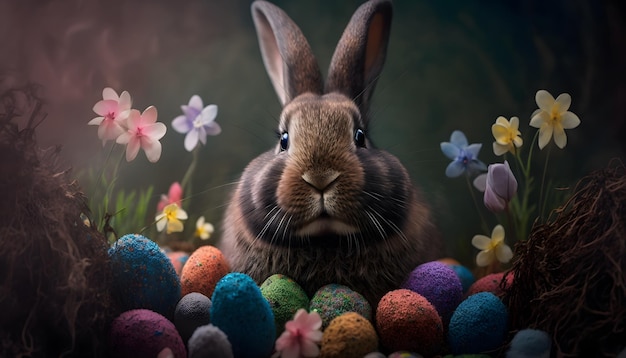 A bunny among easter eggs with flowers in the background