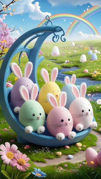 Bunny eggs in rack on blue