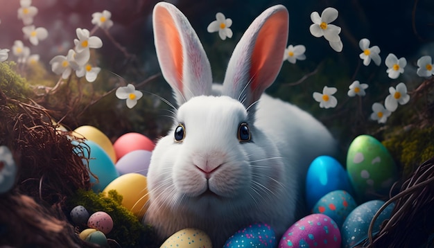 A bunny in a field of easter eggs