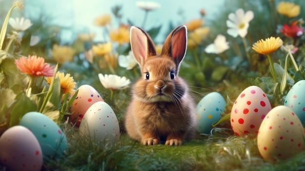 A bunny in a field of flowers with easter eggs