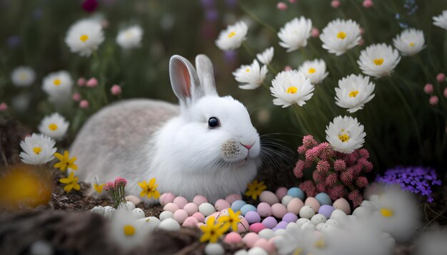 A bunny in a flower filled basket with easter eggs