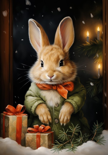 Bunny in front of christmas tree