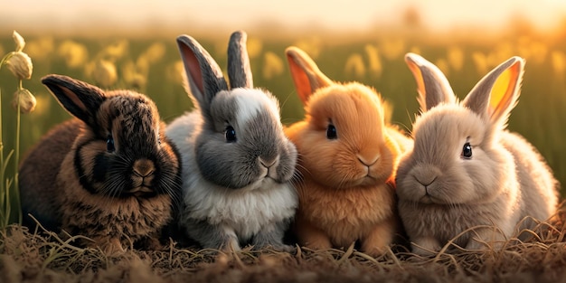 Bunny group of adorable baby animals playing Generative AI