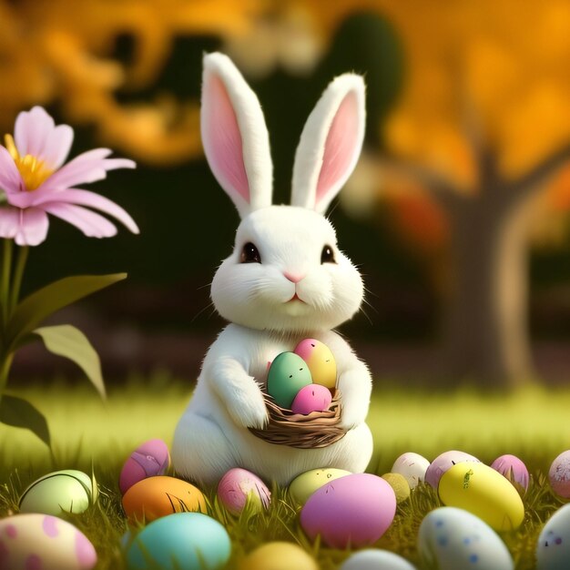 A bunny holding a basket of easter eggs in front of a tree with a pink flower in the background.