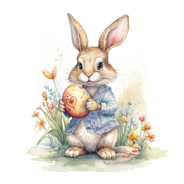 A bunny holding a decorated egg in front of a flowery background