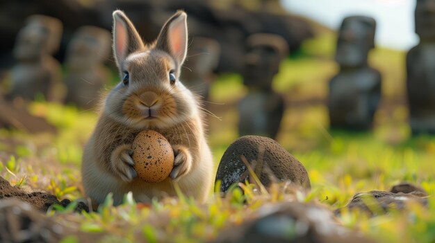 A Bunny holding Easter egg on Easter Island Rapa Nui against the background of Moai statues