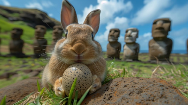 A Bunny holding Easter egg on Easter Island Rapa Nui against the background of Moai statues