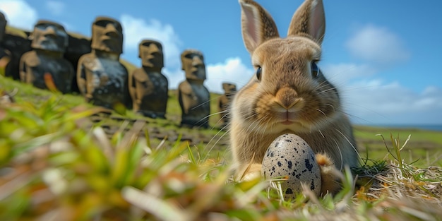 A Bunny holding Easter egg on Easter Island Rapa Nui against the background of Moai statues