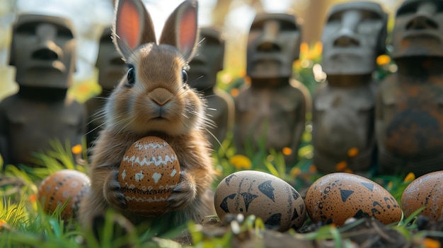 A Bunny holding Easter egg on Easter Island Rapa Nui against the background of Moai statues