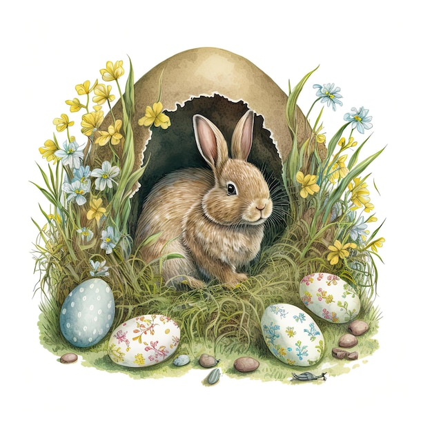 A bunny in a hole of eggs with the words " easter " on the bottom.