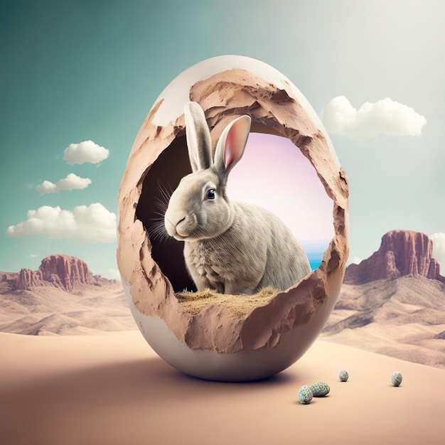 A bunny is in a egg with a blue sky in the background.