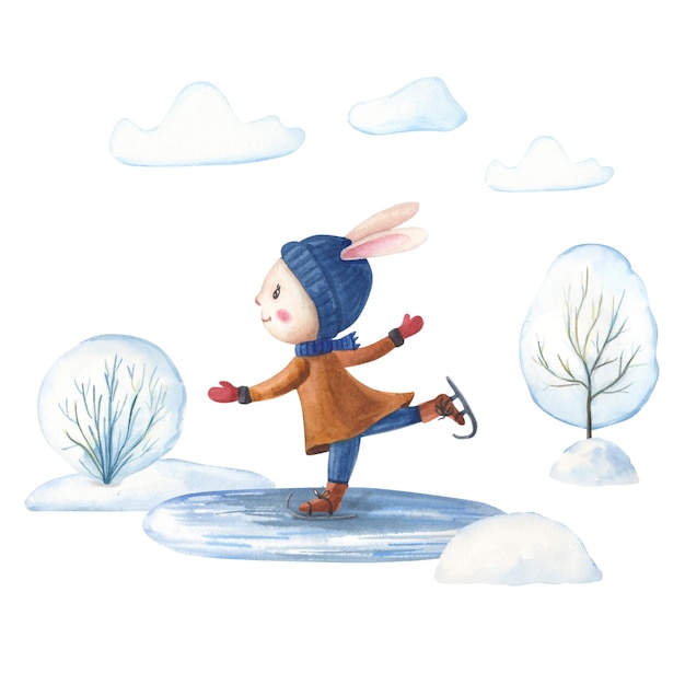 Bunny is skating in Winter Watercolor illustration with Hare for children Watercolour