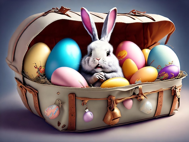 A bunny is in a suitcase with easter eggs.