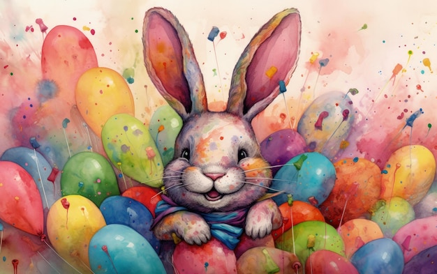 Bunny joyful balloon party illustration watercolor style Generative AI