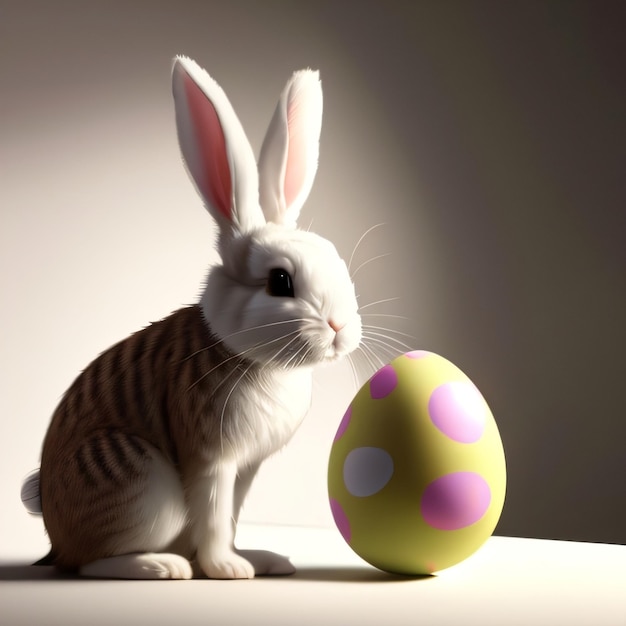 A bunny and a large egg are sitting on a table.