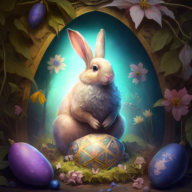 A bunny and a painted egg are in a frame.