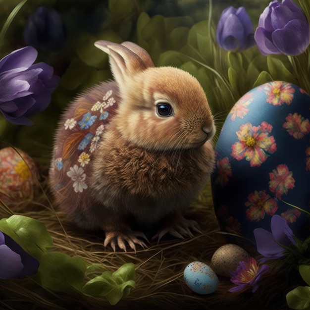 A bunny and a painted egg are in a nest.