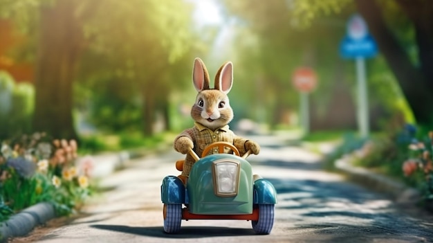 Photo bunny in a pedal car generative ai