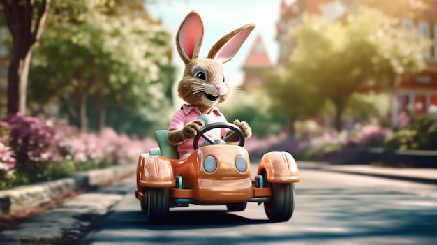 Photo bunny in a pedal car generative ai