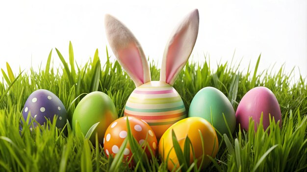 a bunny rabbit ears is sitting in the grass with easter eggs