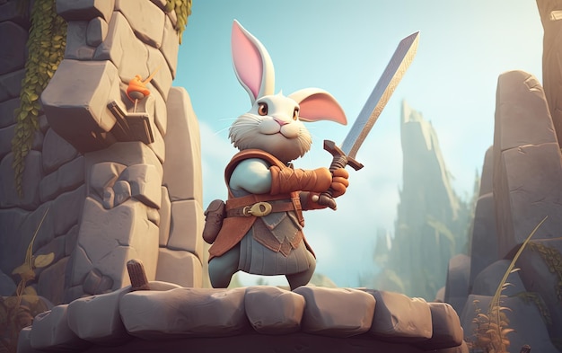 Bunny rabbit hero with sword in the castle Generative AI