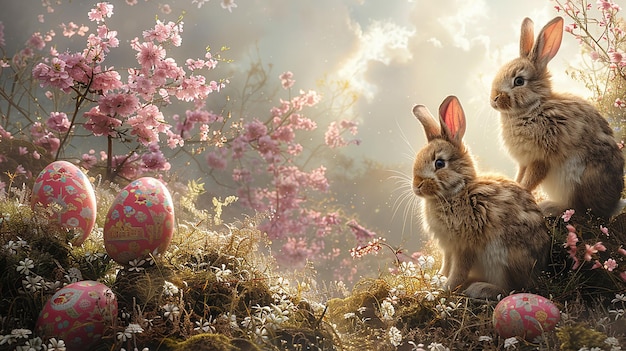 a bunny rabbit is looking at a painted easter egg