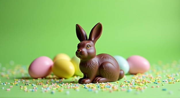 Photo a bunny rabbit is sitting next to a chocolate easter egg