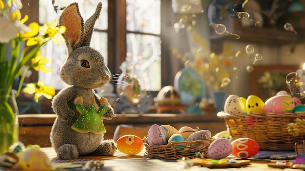 Photo a bunny rabbit is sitting in front of a basket of easter eggs