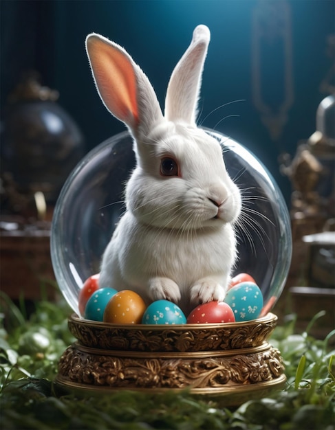 a bunny rabbit is sitting in a glass ball with eggs in it