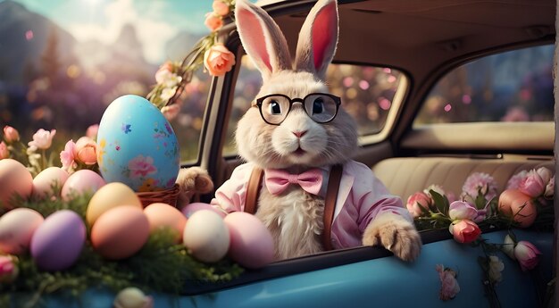 Photo a bunny rabbit wearing glasses and a pink shirt with a pink bow tie