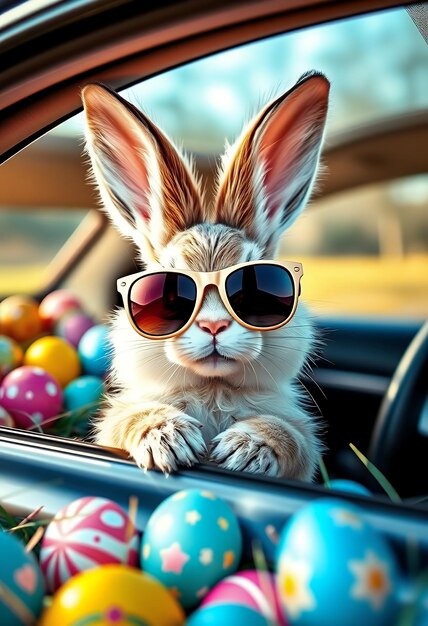 Photo a bunny rabbit wearing sunglasses sits in a car with a bunny rabbit on the window