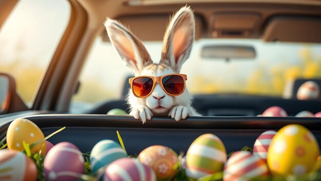 Photo a bunny rabbit wearing sunglasses sits in a car with easter eggs in the back