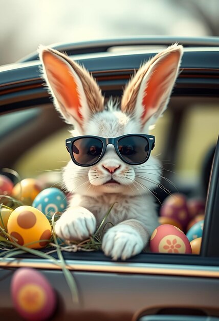 Photo a bunny rabbit wearing sunglasses sits in a car with easter eggs