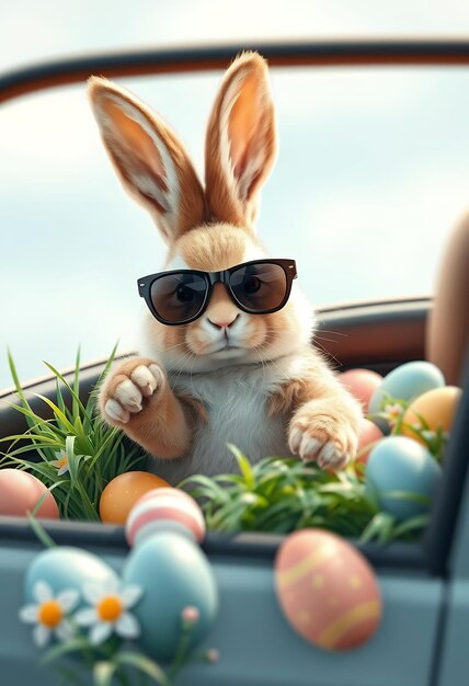 Photo a bunny rabbit wearing sunglasses sits in a car with eggs