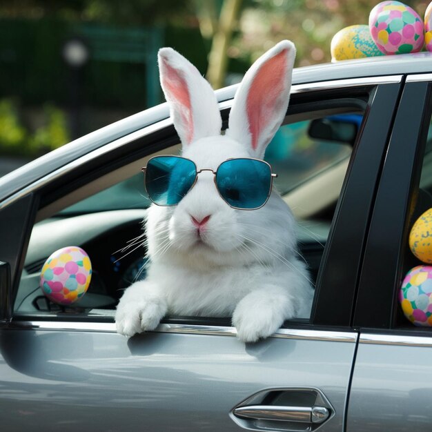 Photo a bunny rabbit wearing sunglasses and sunglasses sits in a car