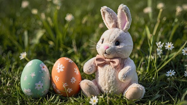 Photo a bunny rabbit with a bow tie sits next to easter eggs