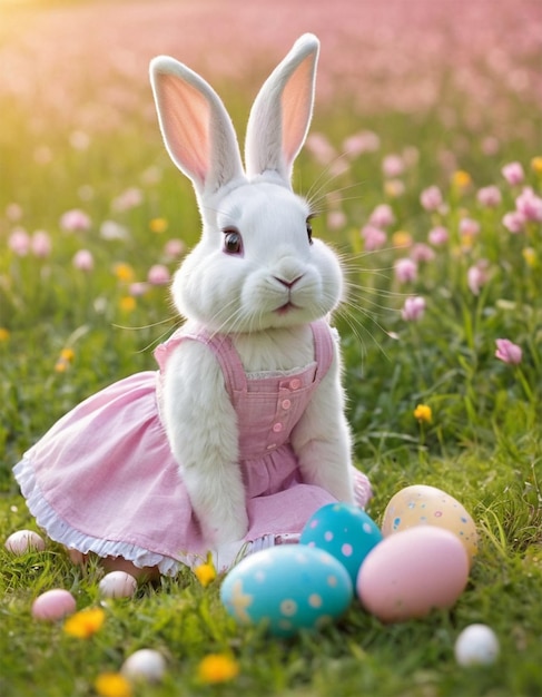 bunny rabbit with bunny ears and eggs in a field of flowers