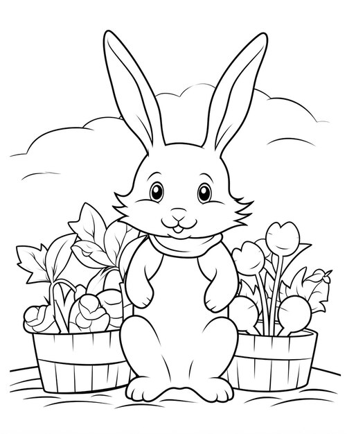 a bunny rabbit with flowers in a basket and a basket with flowers