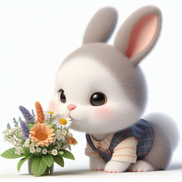 a bunny rabbit with flowers and a bouquet of flowers