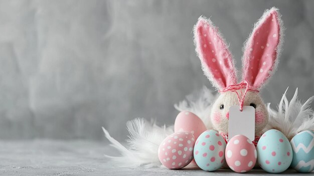 Photo a bunny rabbit with a pink bow and white bunny ears and a pink ribbon around it