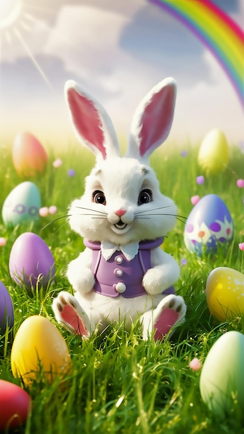 a bunny rabbit with a purple bow tie and purple vest sits in front of easter eggs