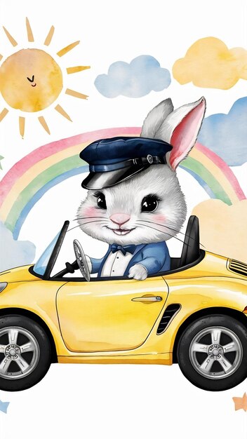 Bunny rides in a yellow sports car watercolor illustration childrens decor